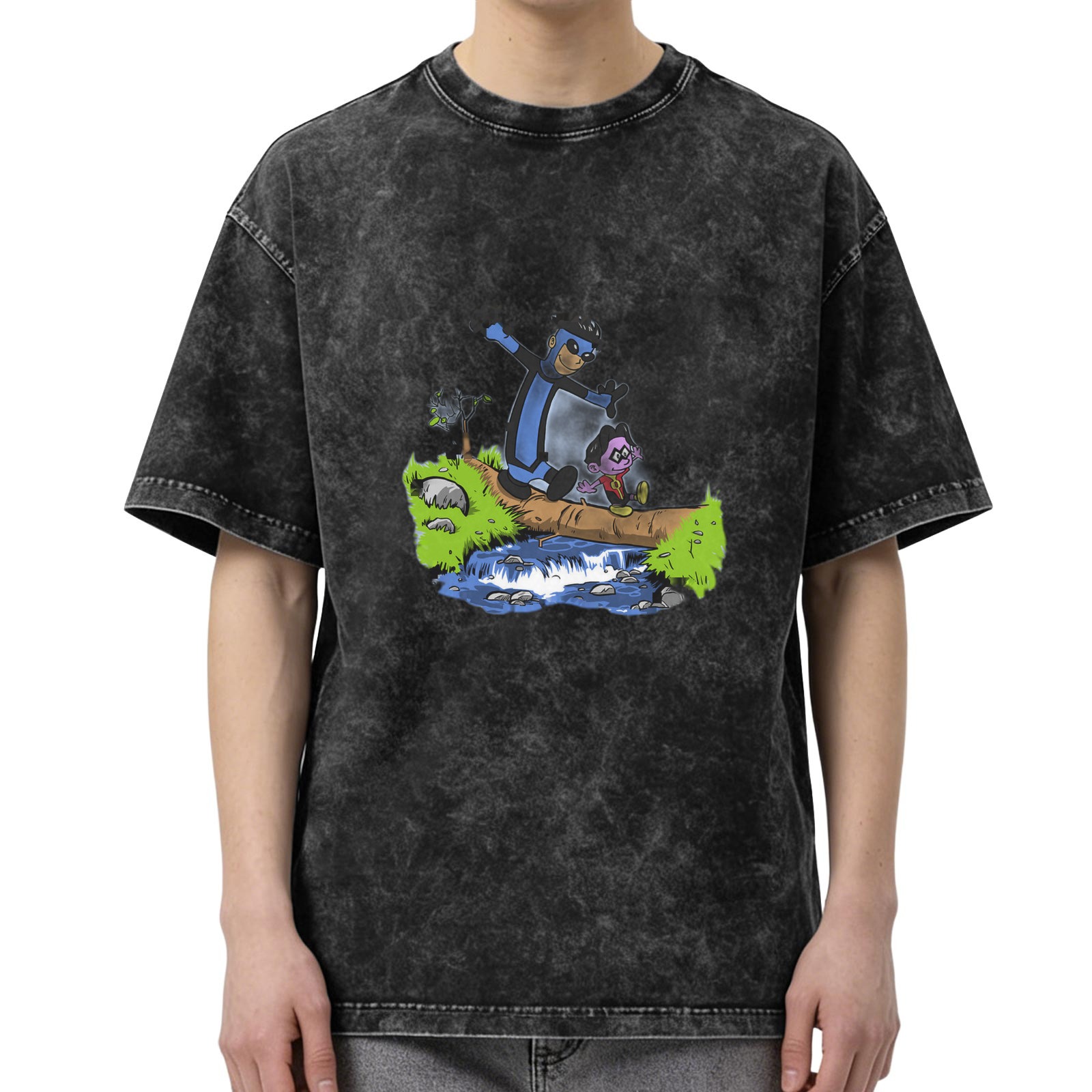 Oversized acid wash t-shirt with cartoon characters crossing a log over a stream