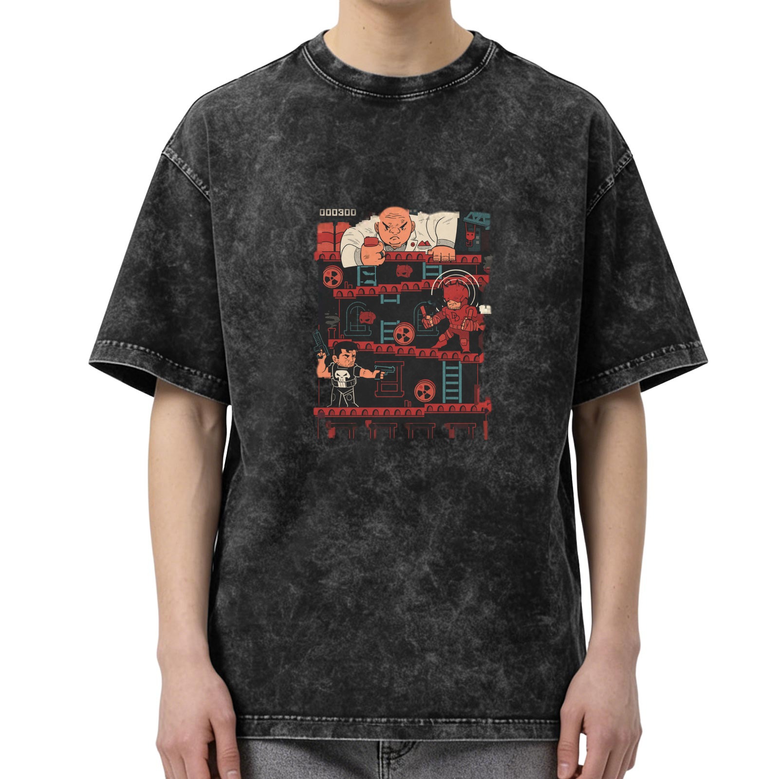 Marvel Superhero Retro Arcade Game Graphic Acid Wash T-Shirt