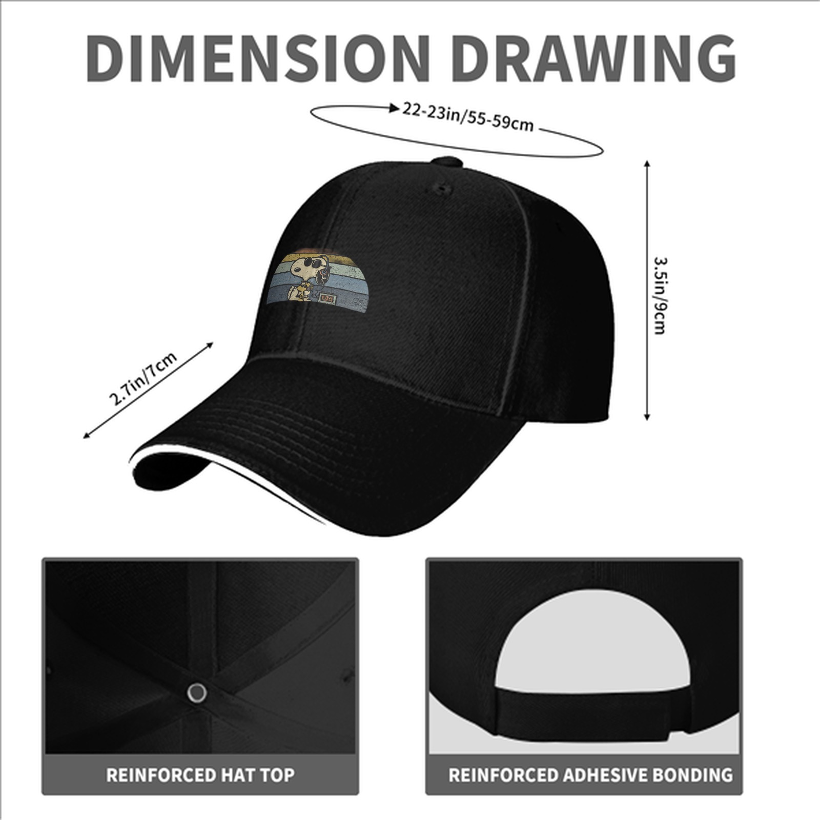 Black baseball cap with Snoopy retro sunset graphic