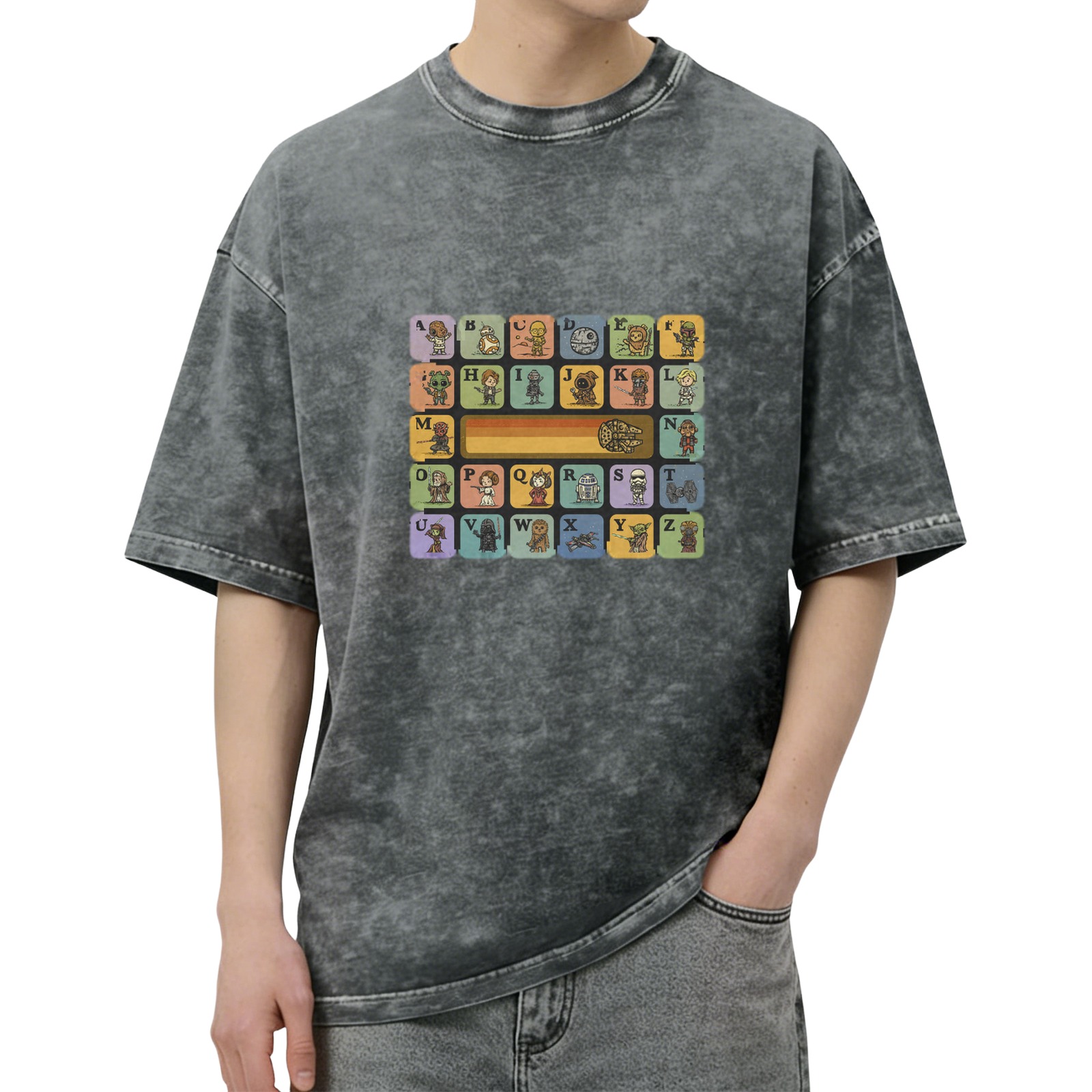 Star Wars Alphabet Characters Graphic Acid Wash T-Shirt