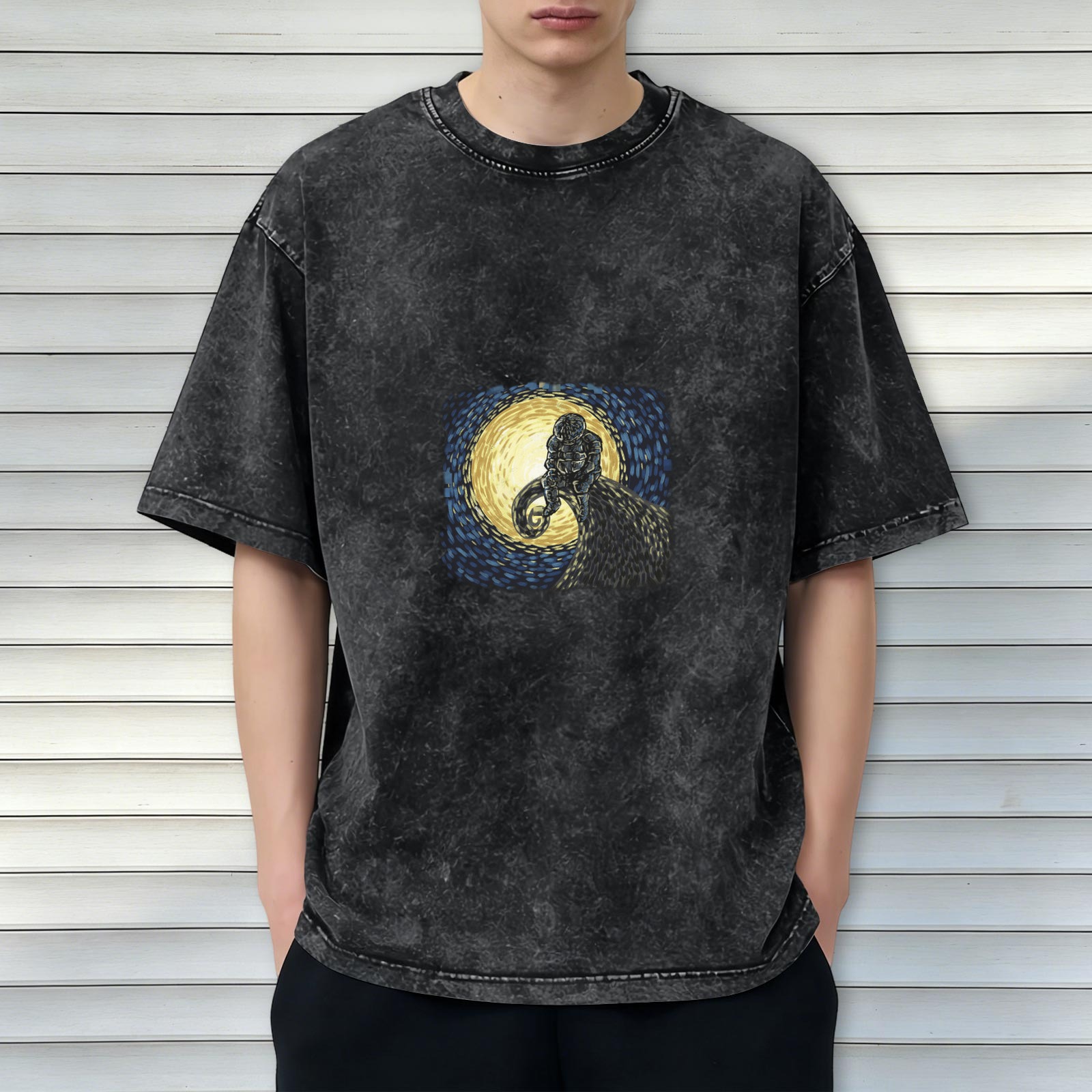 Washed Black Oversized T-Shirt with Ram and Starry Night Style Graphic