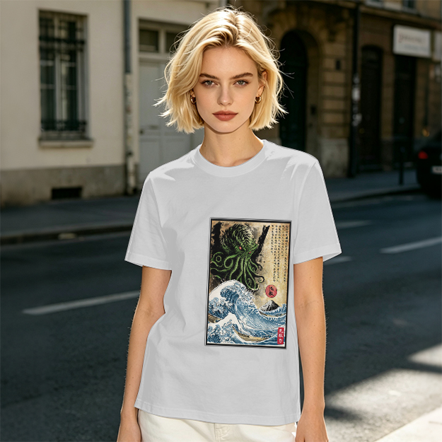Olive T-shirt with Cthulhu Great Wave Japanese Art Print