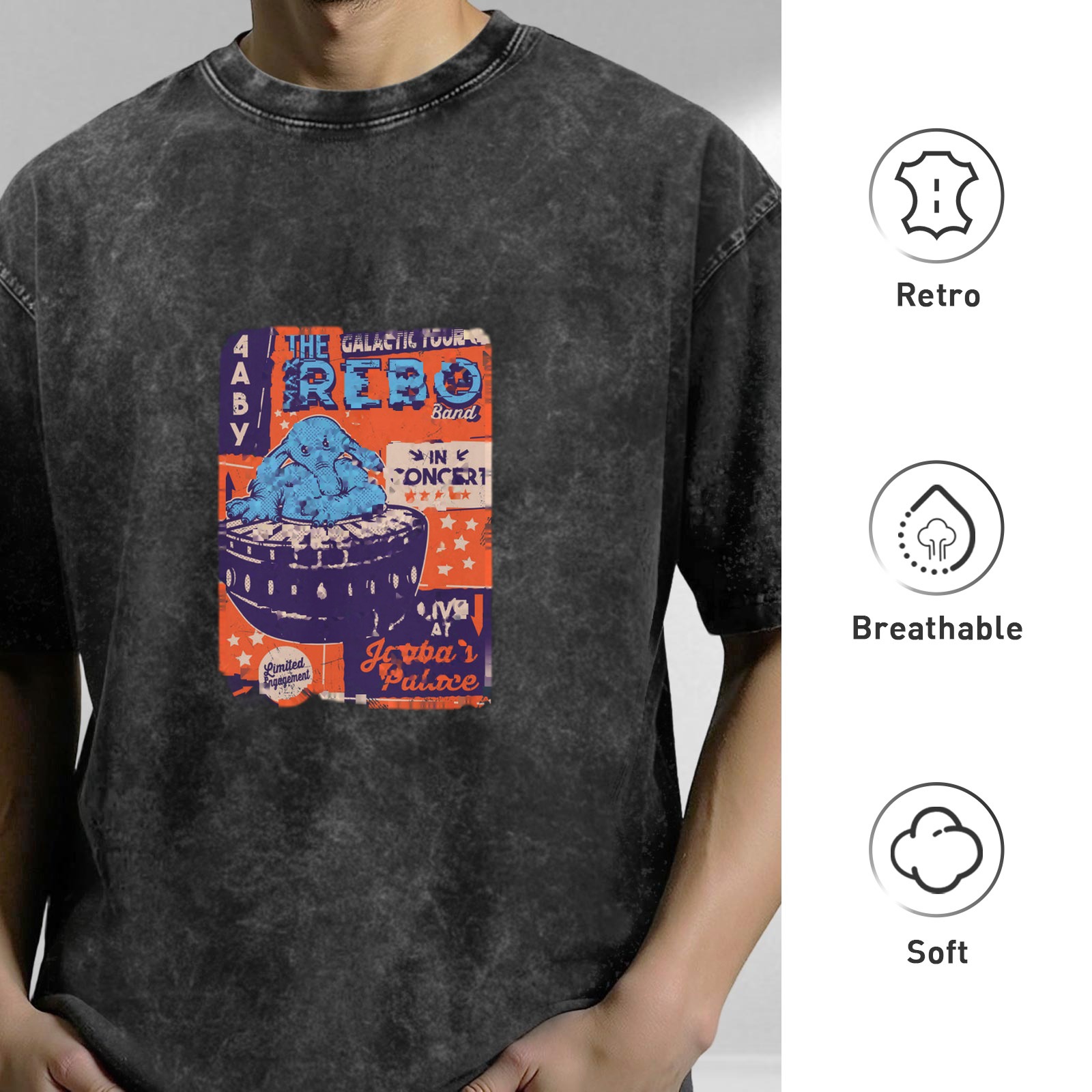 Oversized Acid Wash T-Shirt with The Max Rebo Band Jabba's Palace Concert Print