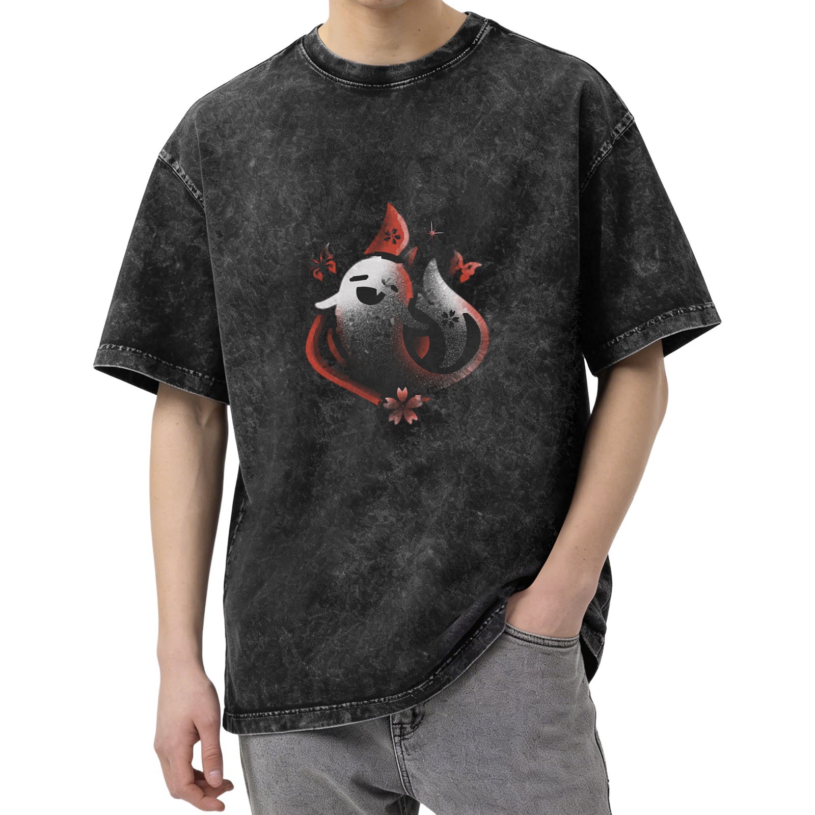Washed black graphic t-shirt with cute ghost and fox print