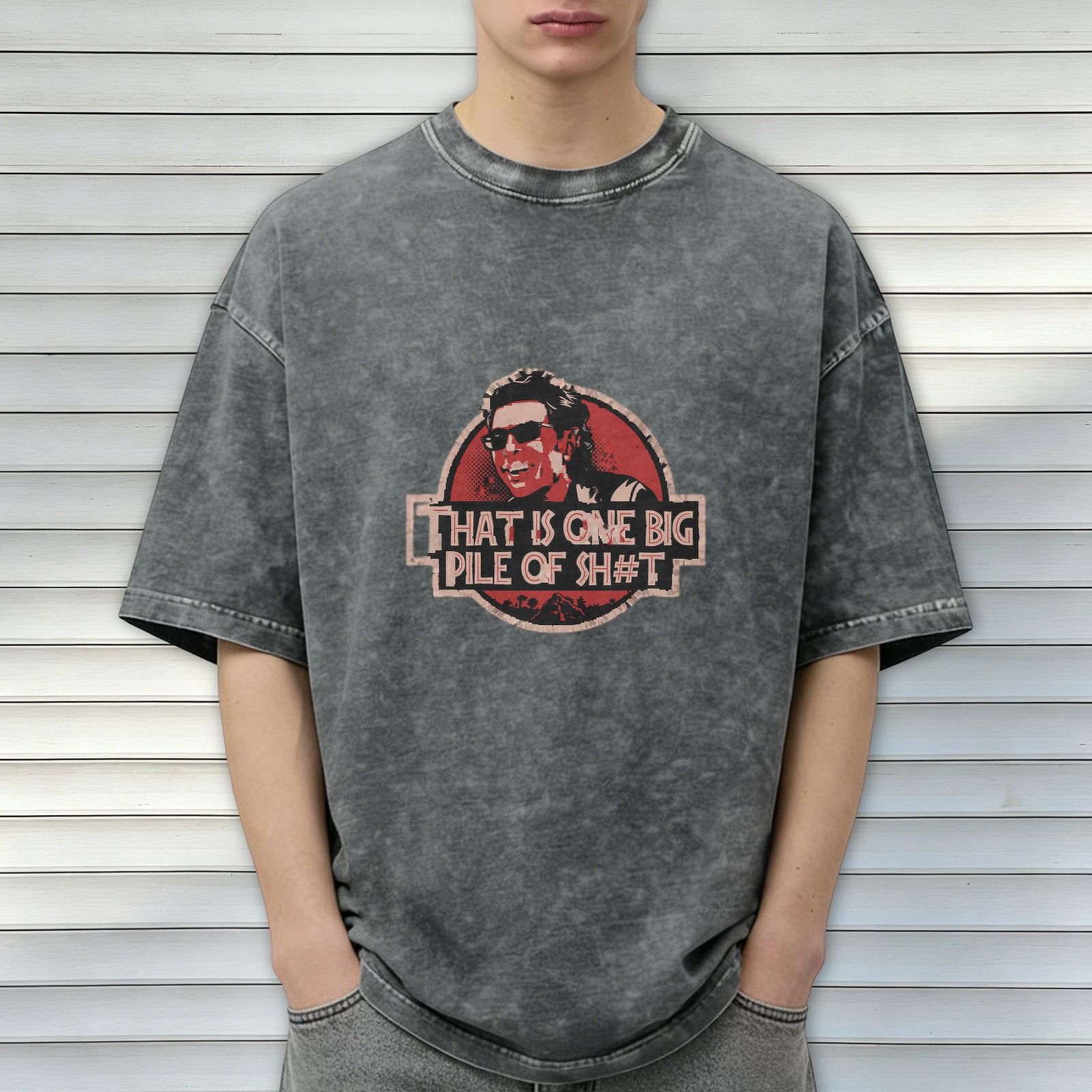 Washed Graphic T-Shirt with Jurassic Park Inspired Quote Print