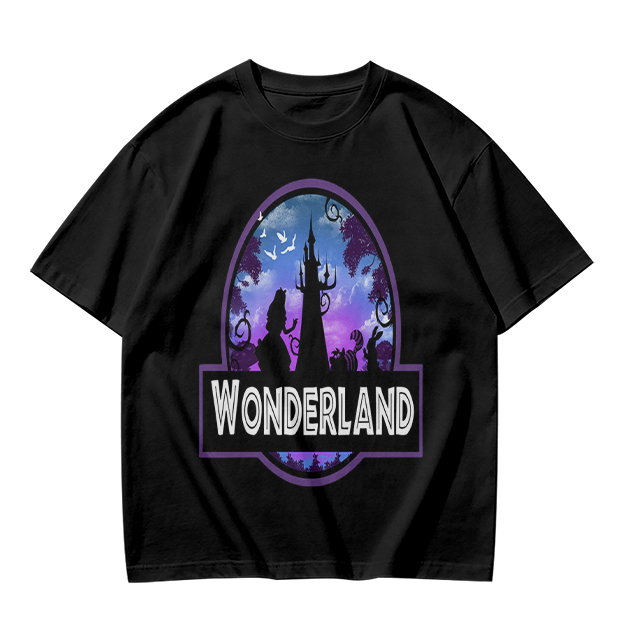 Olive green t-shirt with Wonderland fantasy castle graphic print