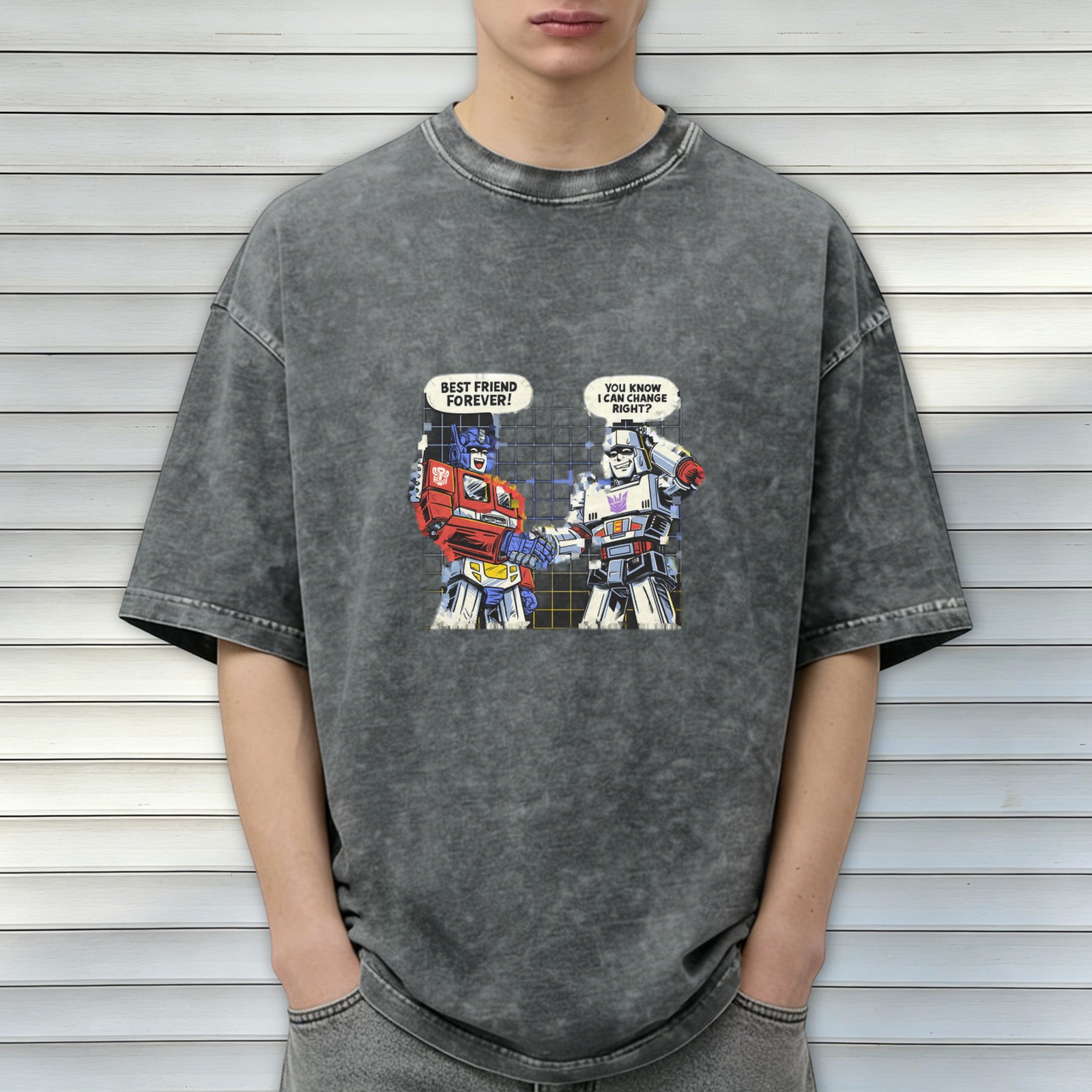 Washed graphic tee with Transformers best friends forever joke print