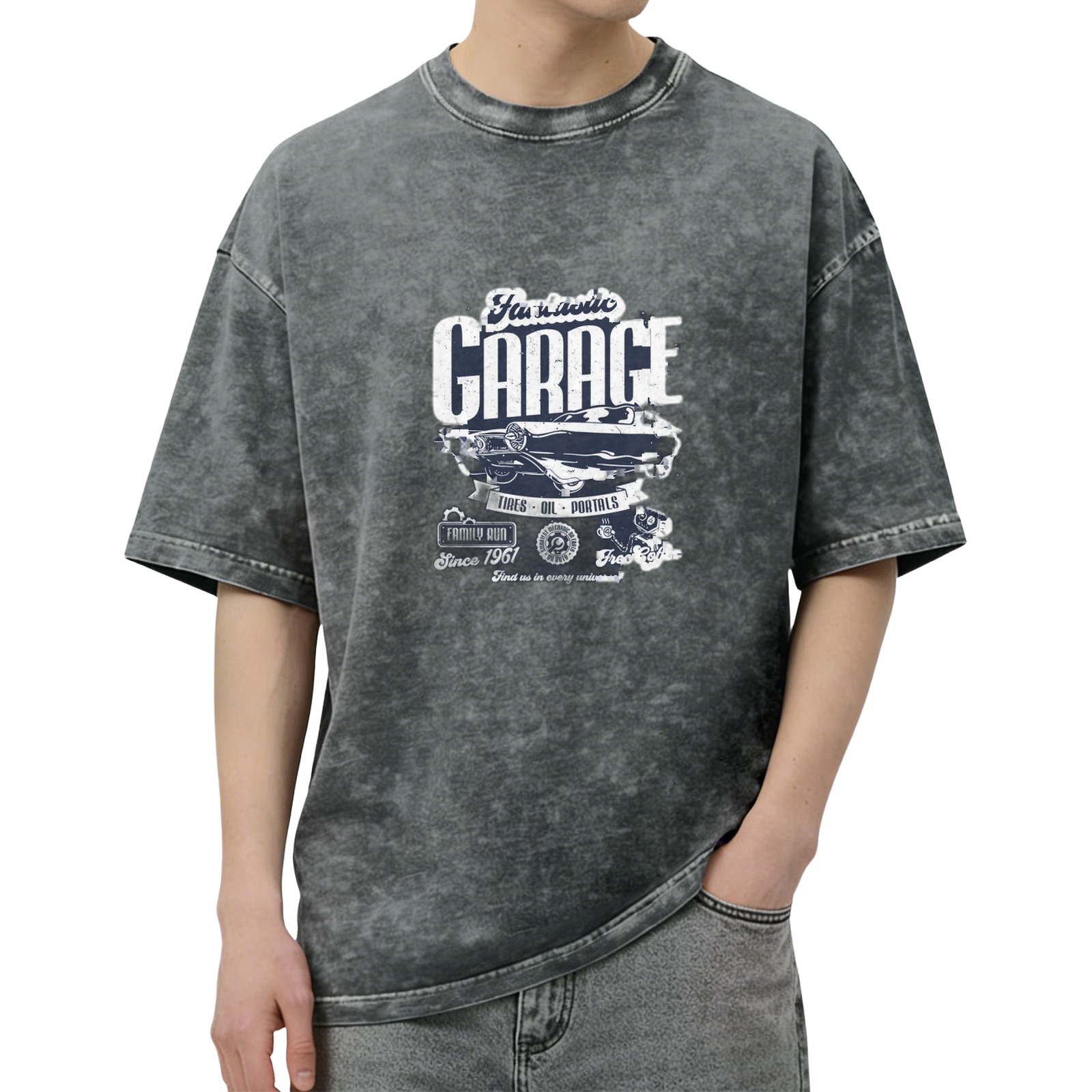 Vintage Washed Graphic T-Shirt with Garage and Classic Car Print