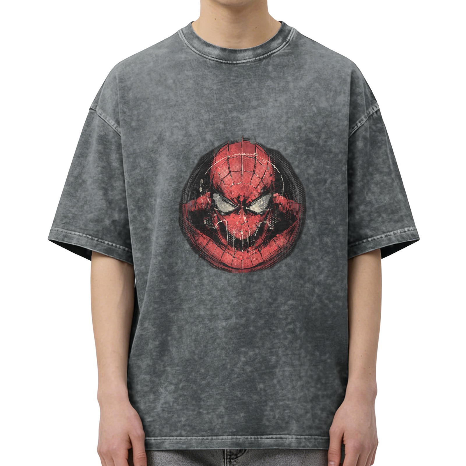Washed Black Oversized T-Shirt with Distressed Spider-Man Mask Graphic