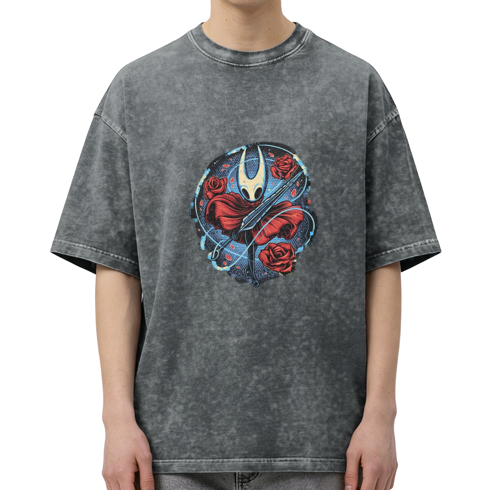 Washed black graphic t-shirt with Hollow Knight Hornet and roses print