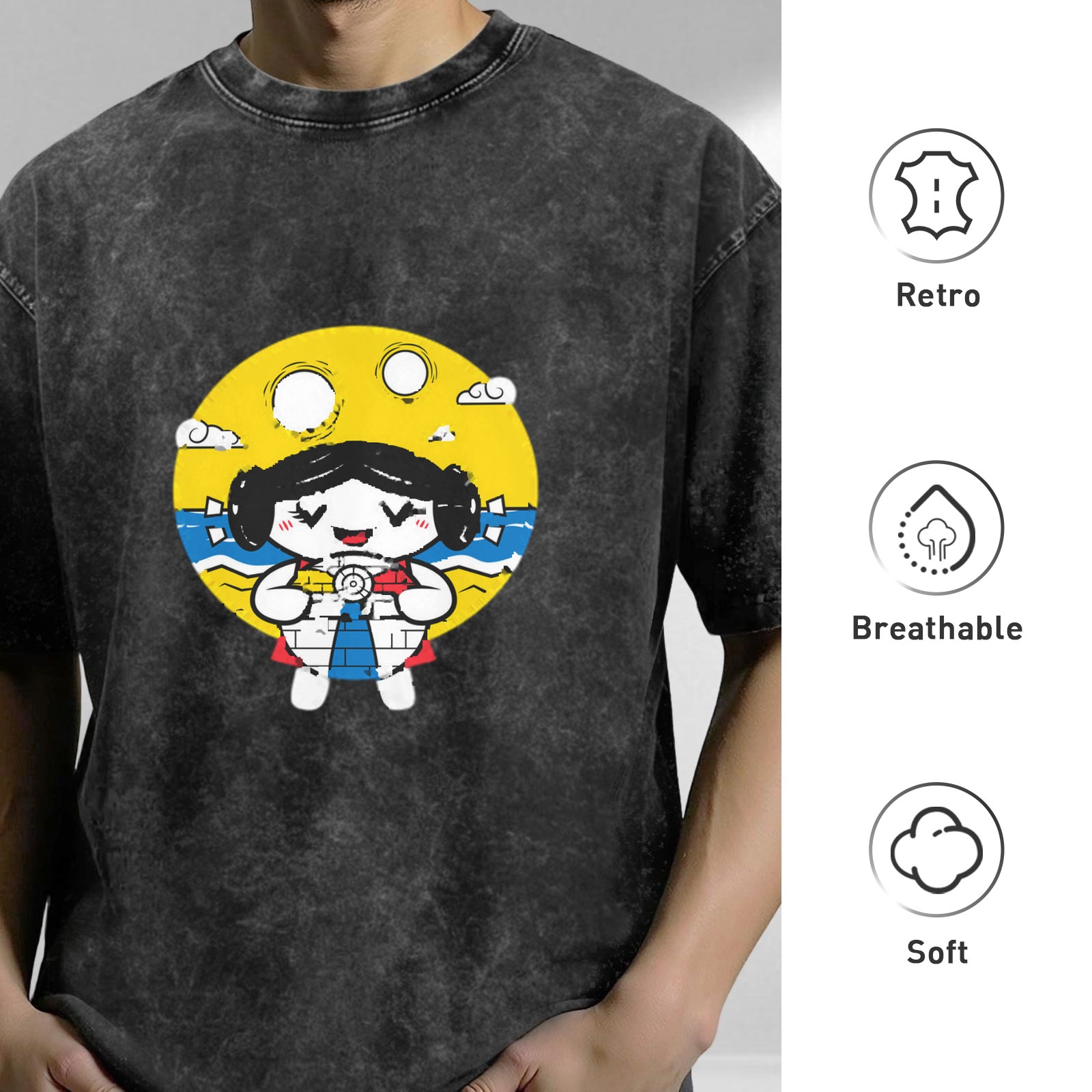 Washed Black T-Shirt With Cute Beach Girl Graphic Print