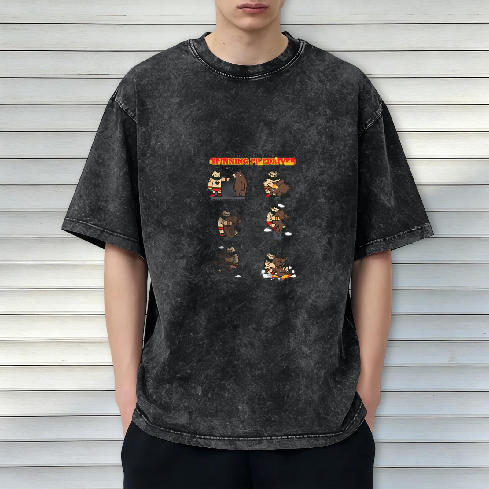 Distressed washed black loose short-sleeved T-shirt Cartoon wrestler storyboard print SPINNING BEAR casual top