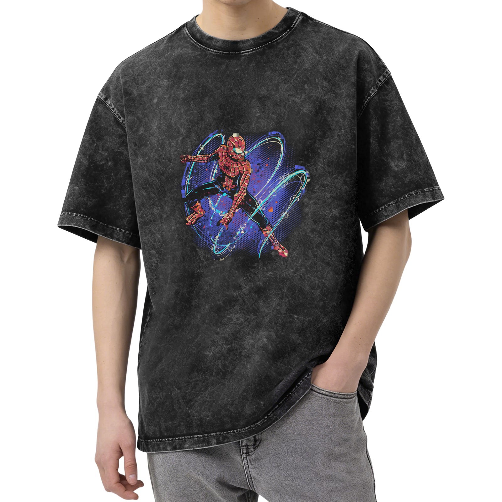 Washed black oversized t-shirt with Spider-Man graphic print