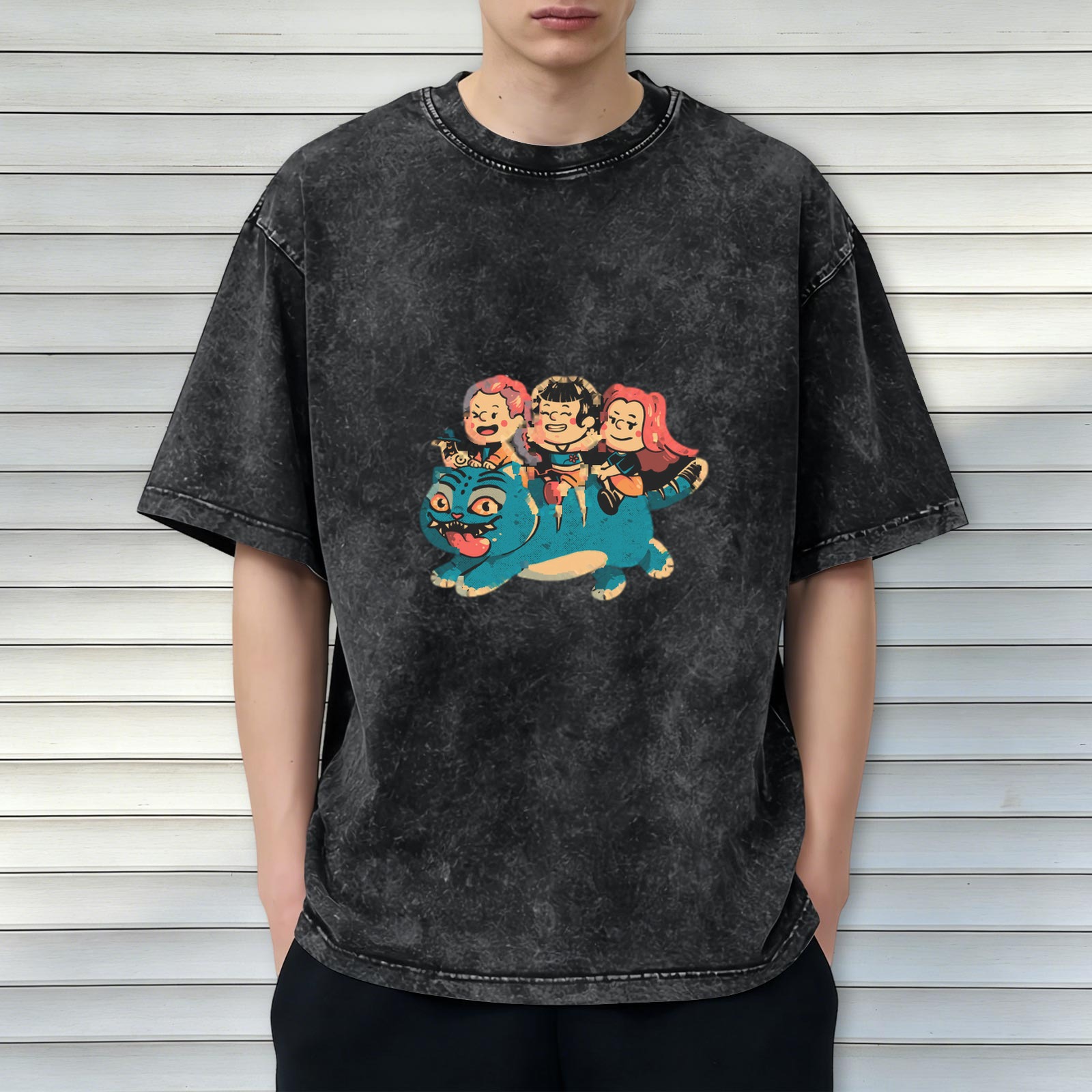Oversized acid wash t-shirt with cartoon kids riding a blue cat graphic