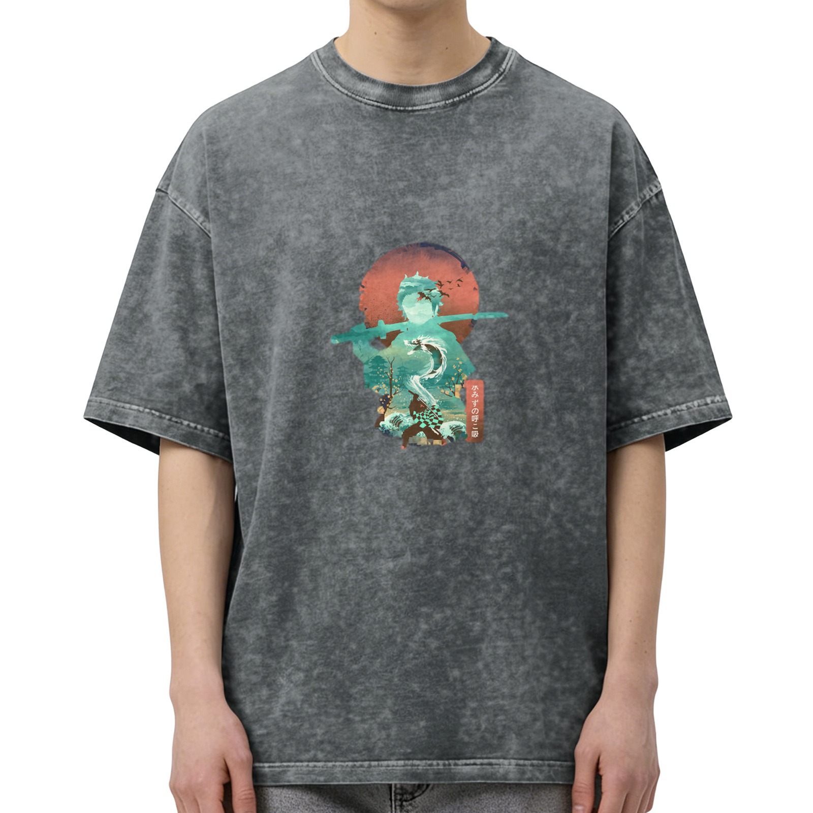Oversized Vintage Wash Anime Demon Slayer Tanjiro Water Breathing Graphic T-Shirt