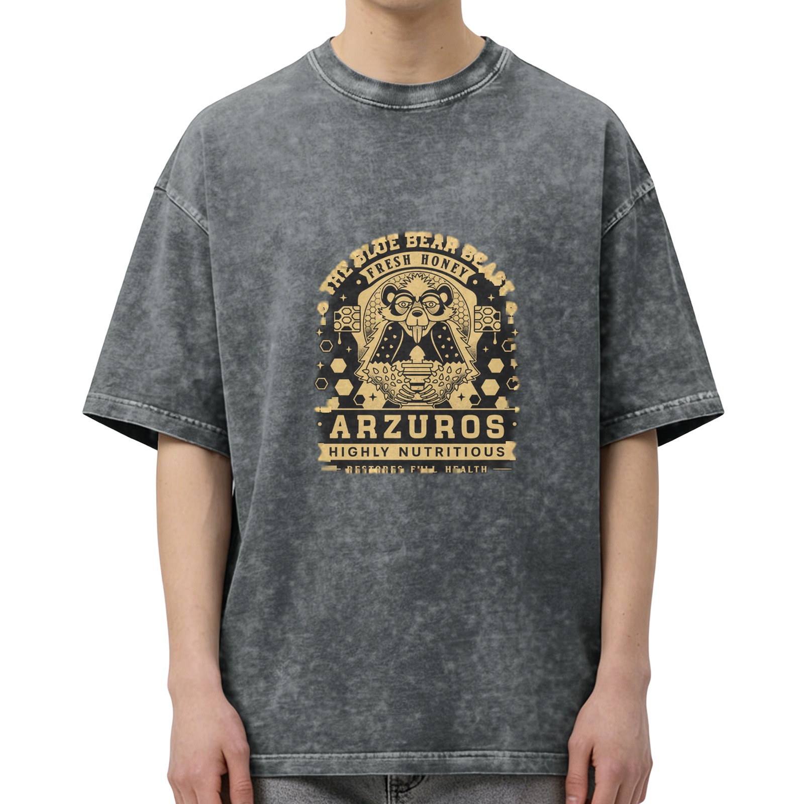 Washed Black Graphic Tee With Blue Bear Beast Honey Print
