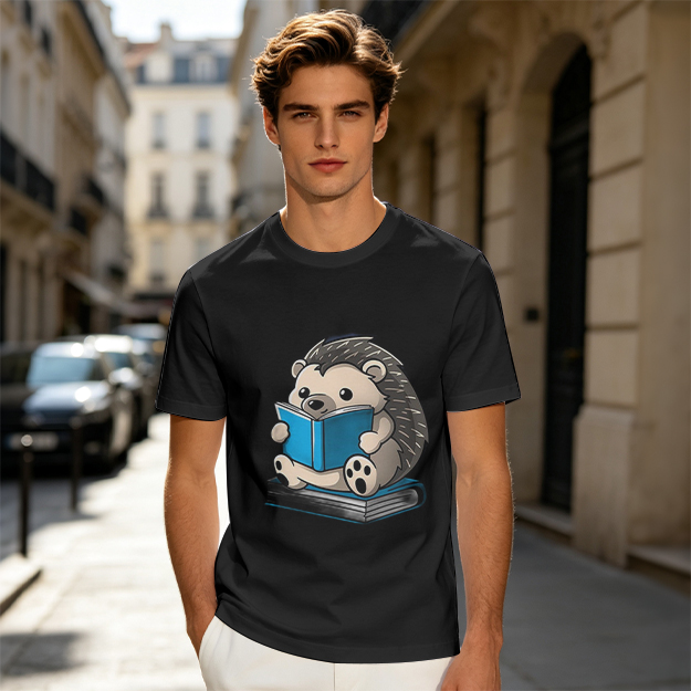 Olive T-shirt with Cute Hedgehog Reading a Book Graphic