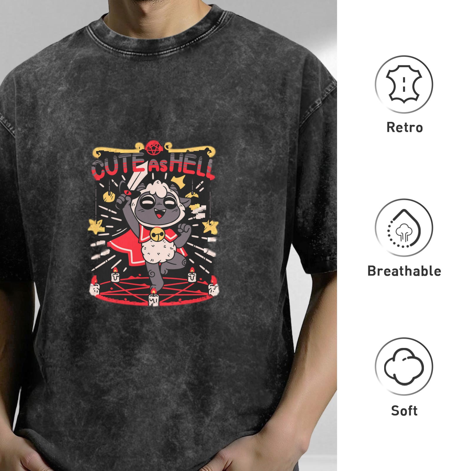 Washed black graphic t-shirt with cute hellish sheep design