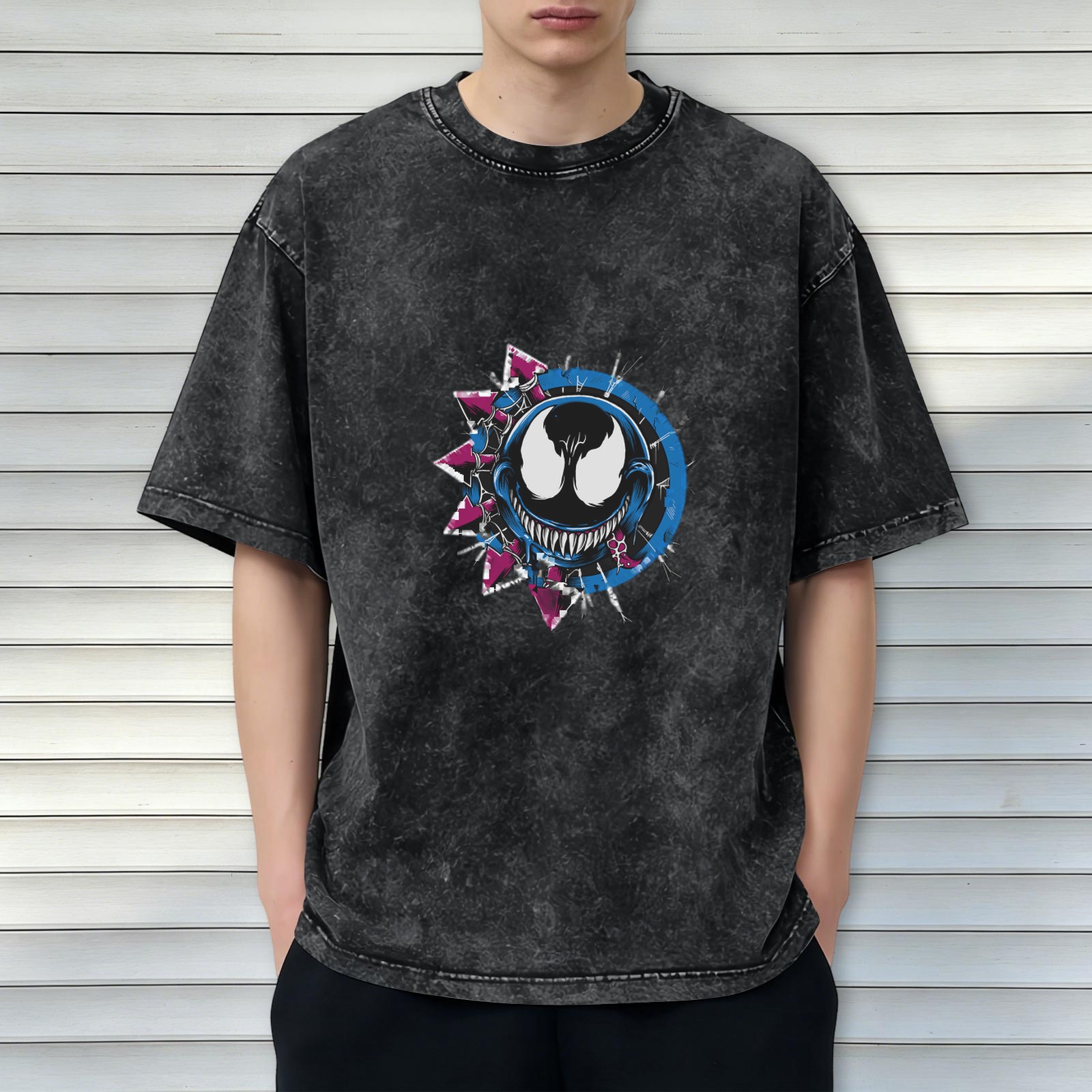 acid wash black t-shirt with venom graphic print