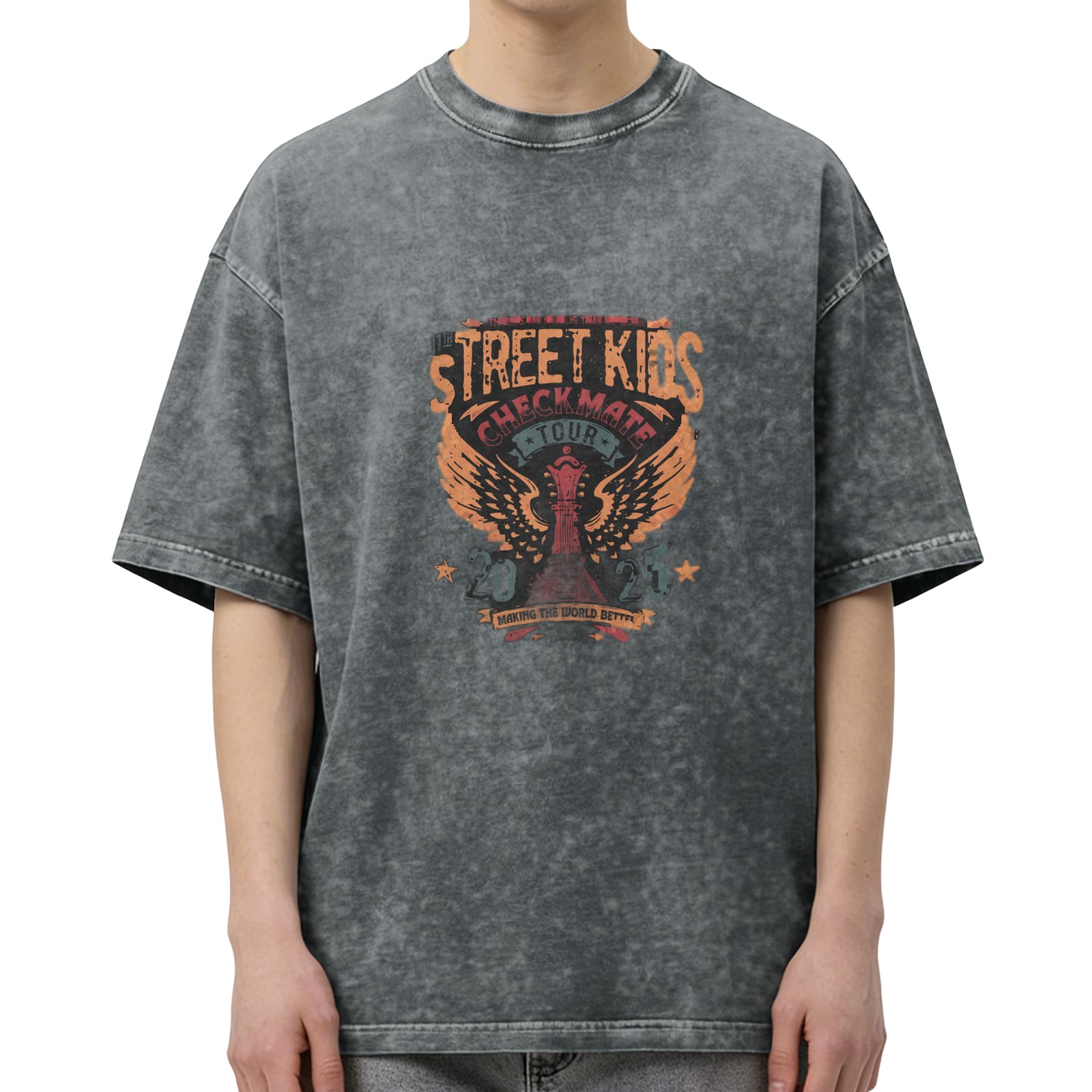 Washed black graphic tee with Street Kids Checkmate Tour 2025 print