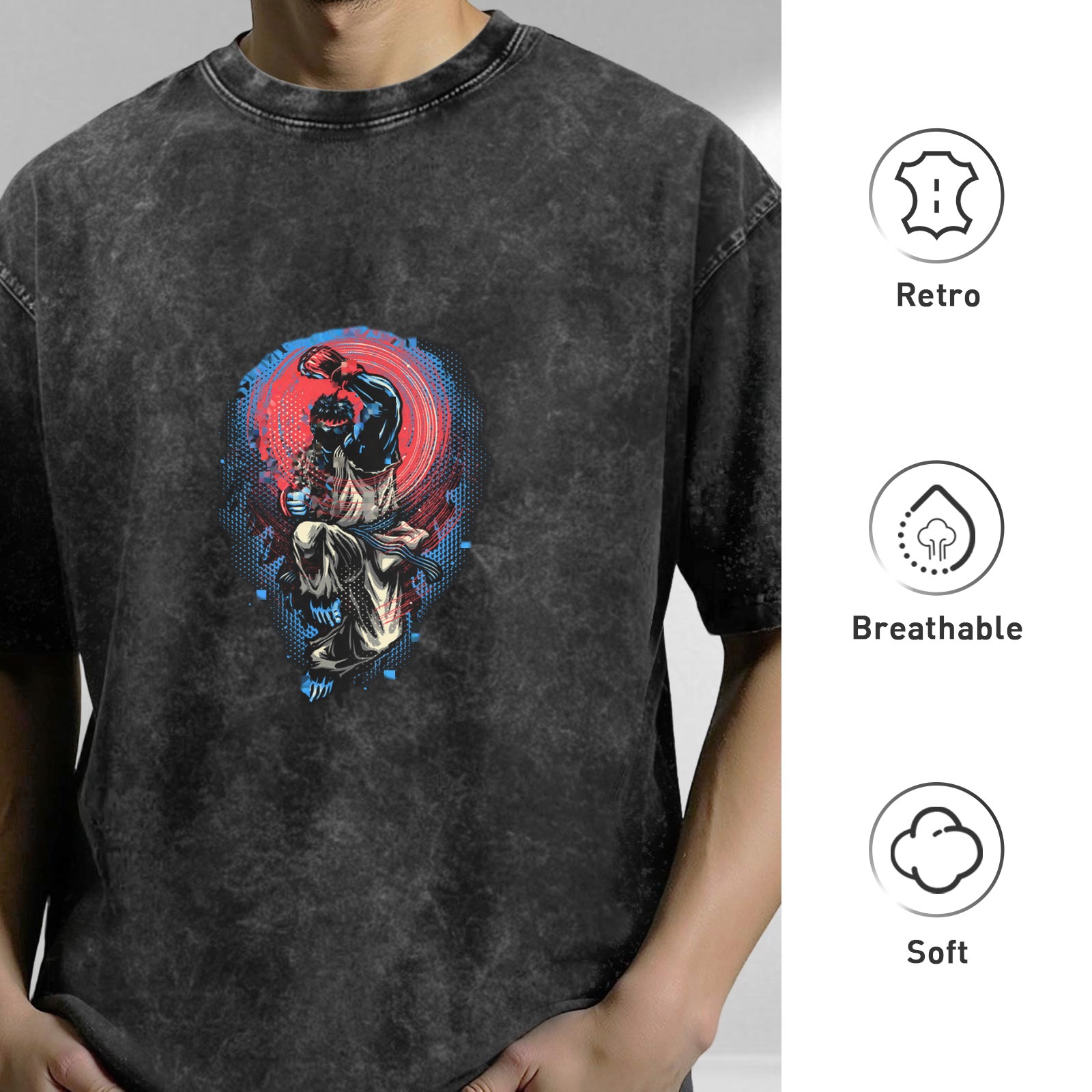 Oversized Acid Wash T-Shirt With Martial Artist Fighter Graphic