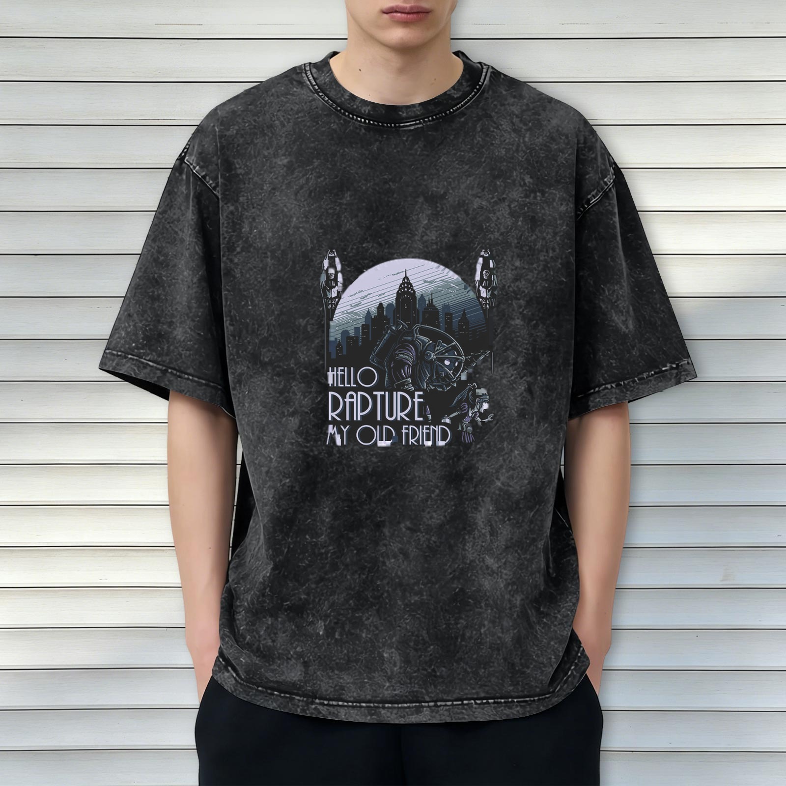 Oversized Vintage Wash T-Shirt with BioShock 'Hello Rapture My Old Friend' Graphic Print