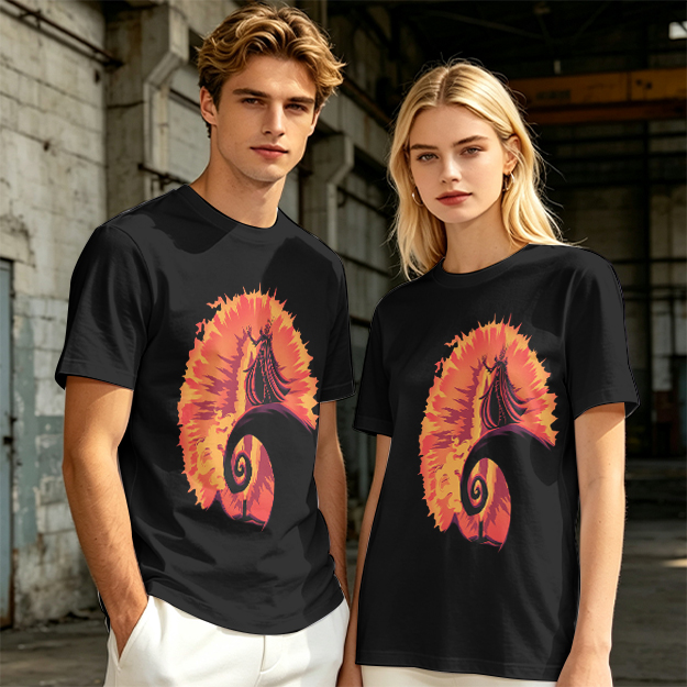 Olive T-Shirt With Fiery Spiral And Silhouette Figure Print