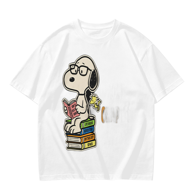 Olive T-shirt with Snoopy reading on stack of books