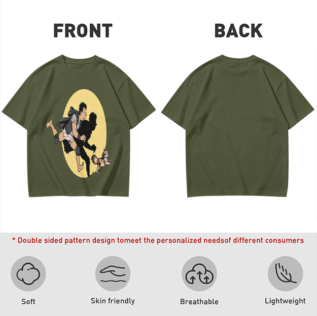 Olive T-Shirt With Cartoon Running Figure And Shadow Print