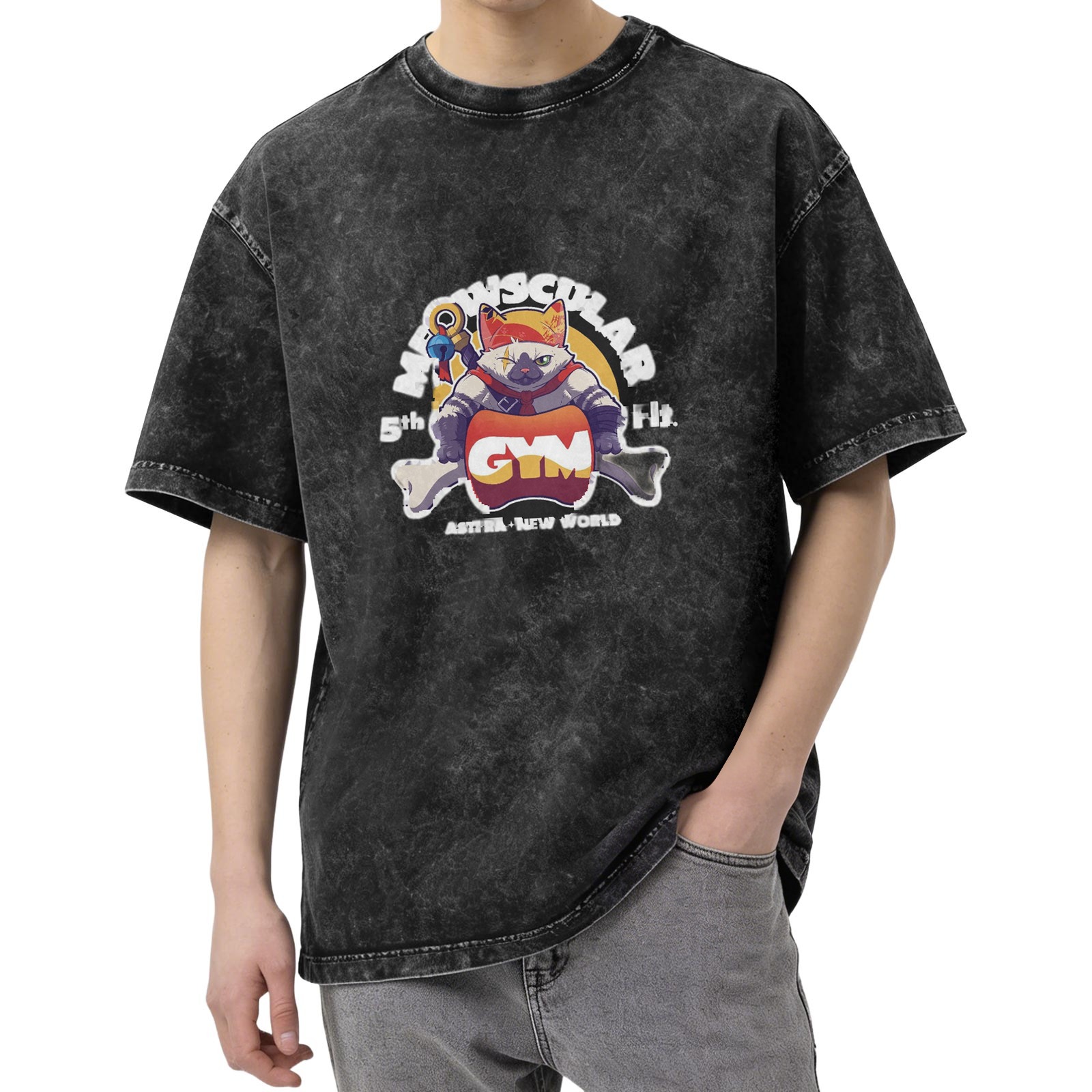 Oversized Vintage Wash T-Shirt with 'Meowscular Gym' Graphic Print