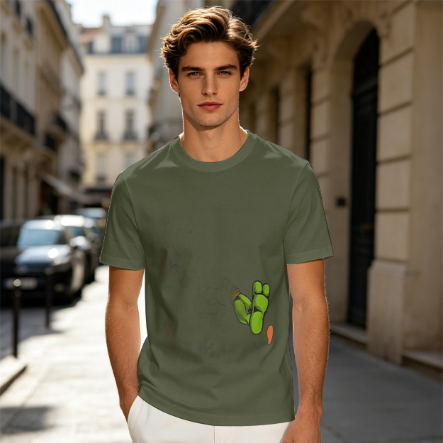 Olive Green T-Shirt With Cartoon Frog Feet Print