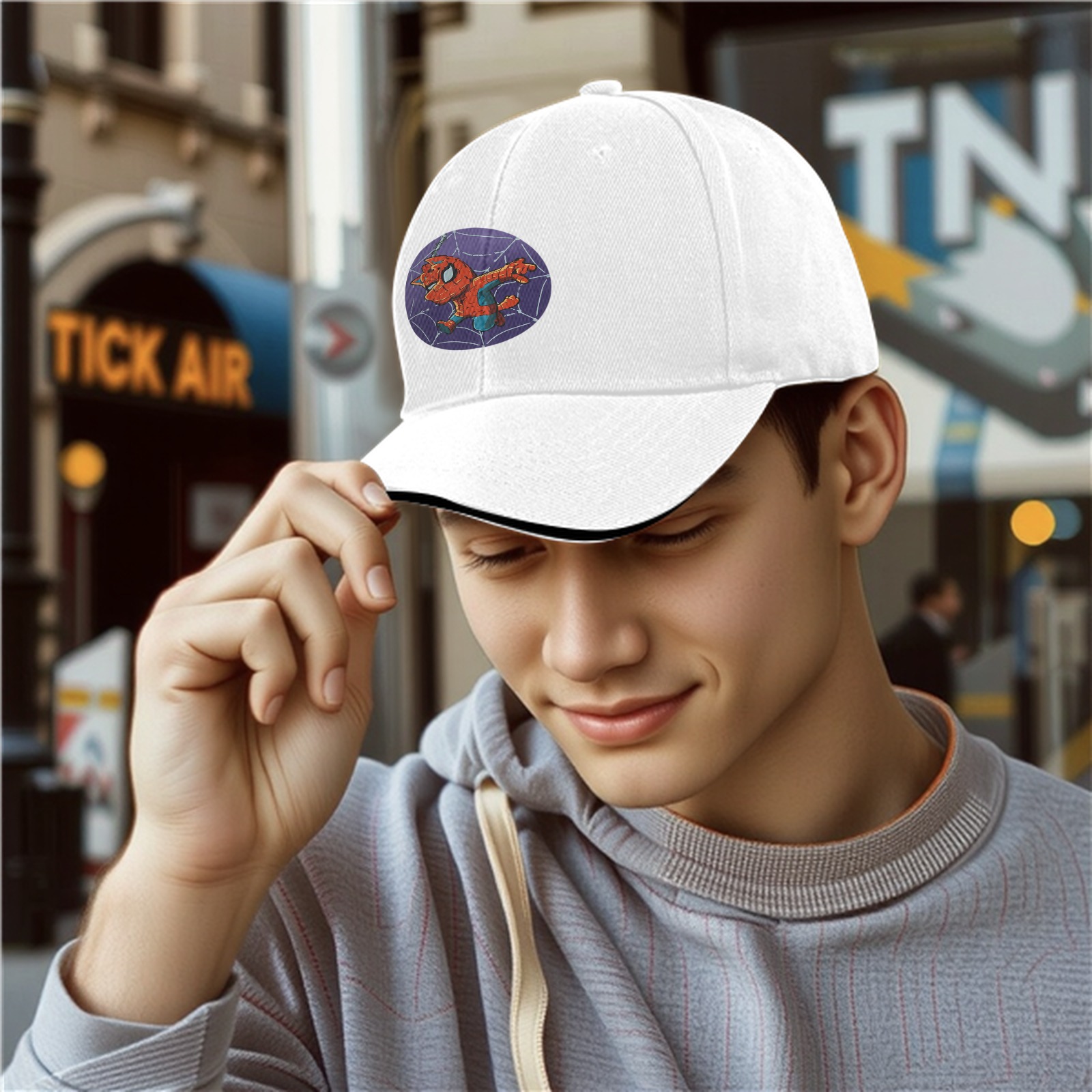 Black Baseball Cap With Chibi Spider-Man Web Print