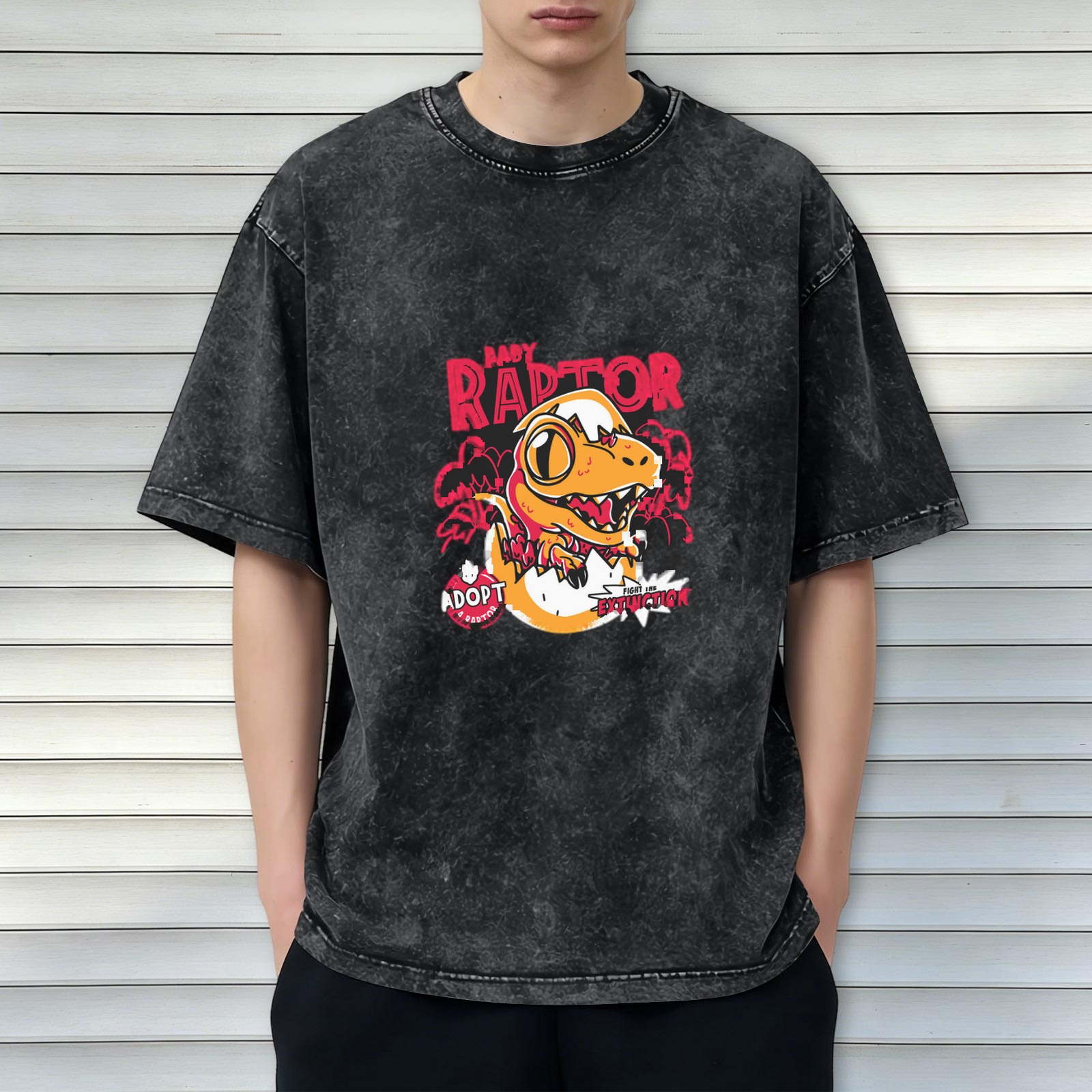 Baby Raptor Graphic Print Oversized Stone Wash T-Shirt