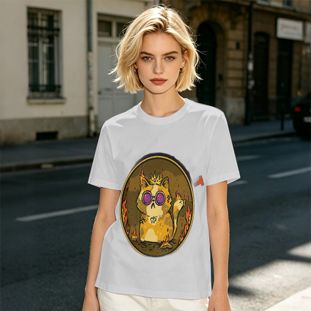 Olive T-Shirt With Flaming Royal Cat Wearing Sunglasses Print