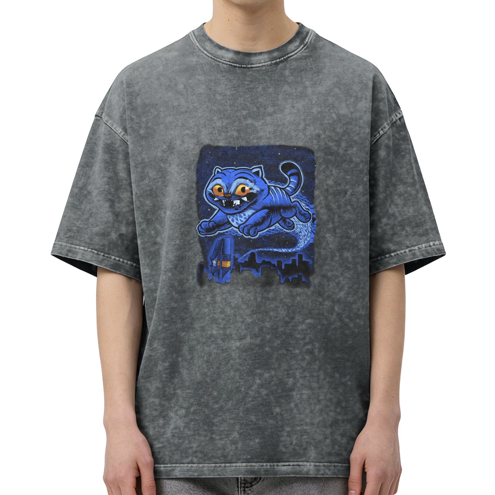 Oversized Acid Wash T-Shirt With Blue Flying Cat City Night Print