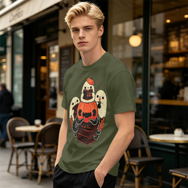 Olive Halloween Ghosts Jack-o'-Lantern Graphic T-Shirt