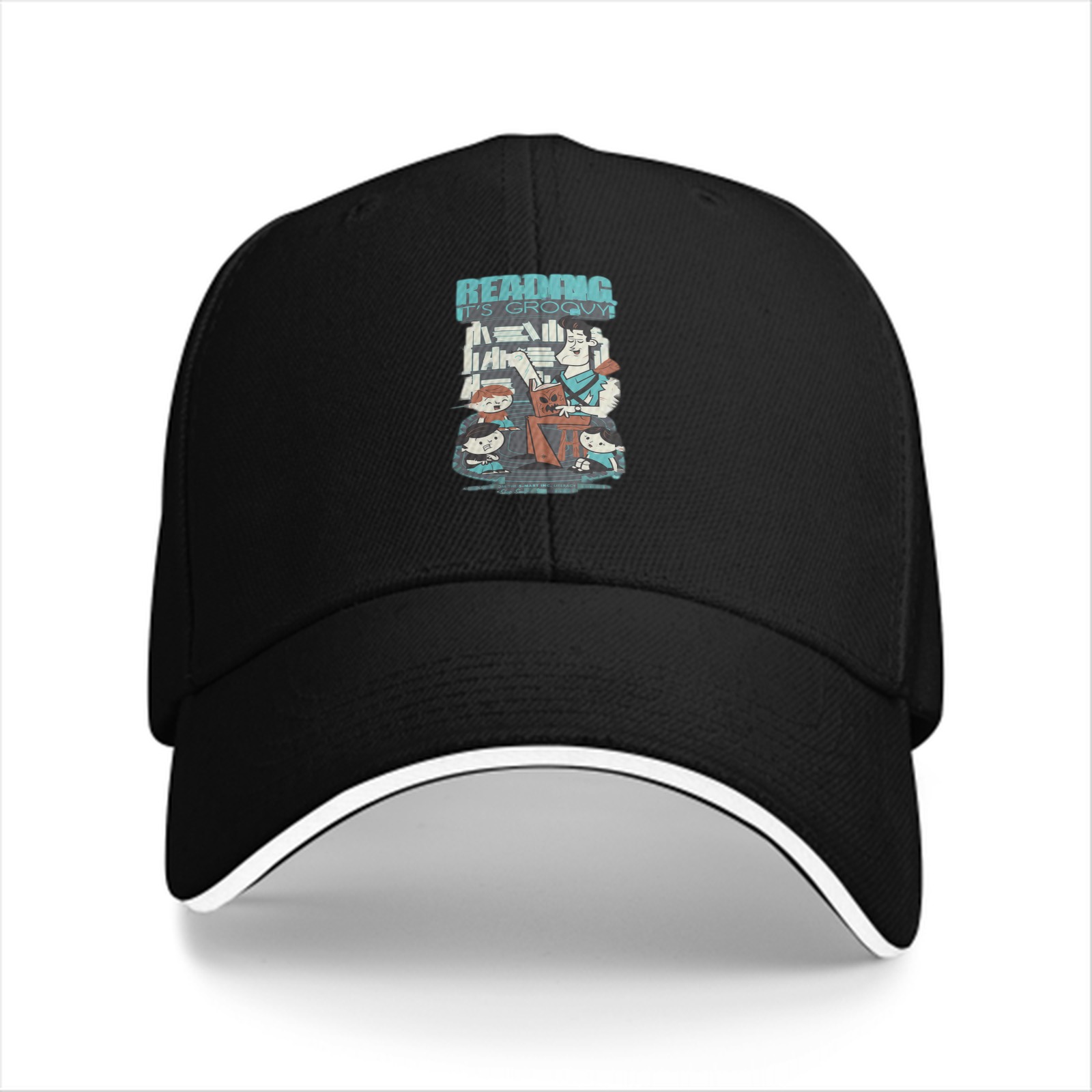 Black baseball cap with retro reading themed graphic print