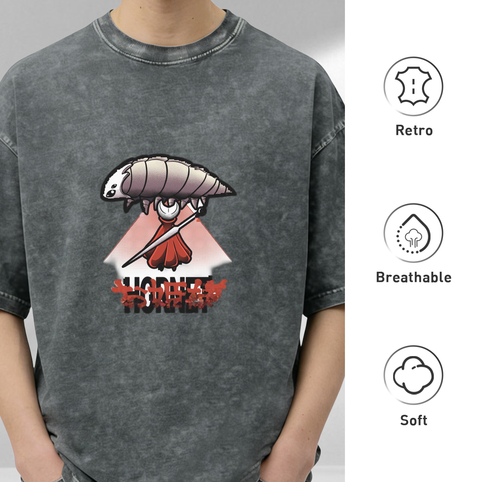 Washed Black T-Shirt With Fantasy Insect Warrior Graphic Print