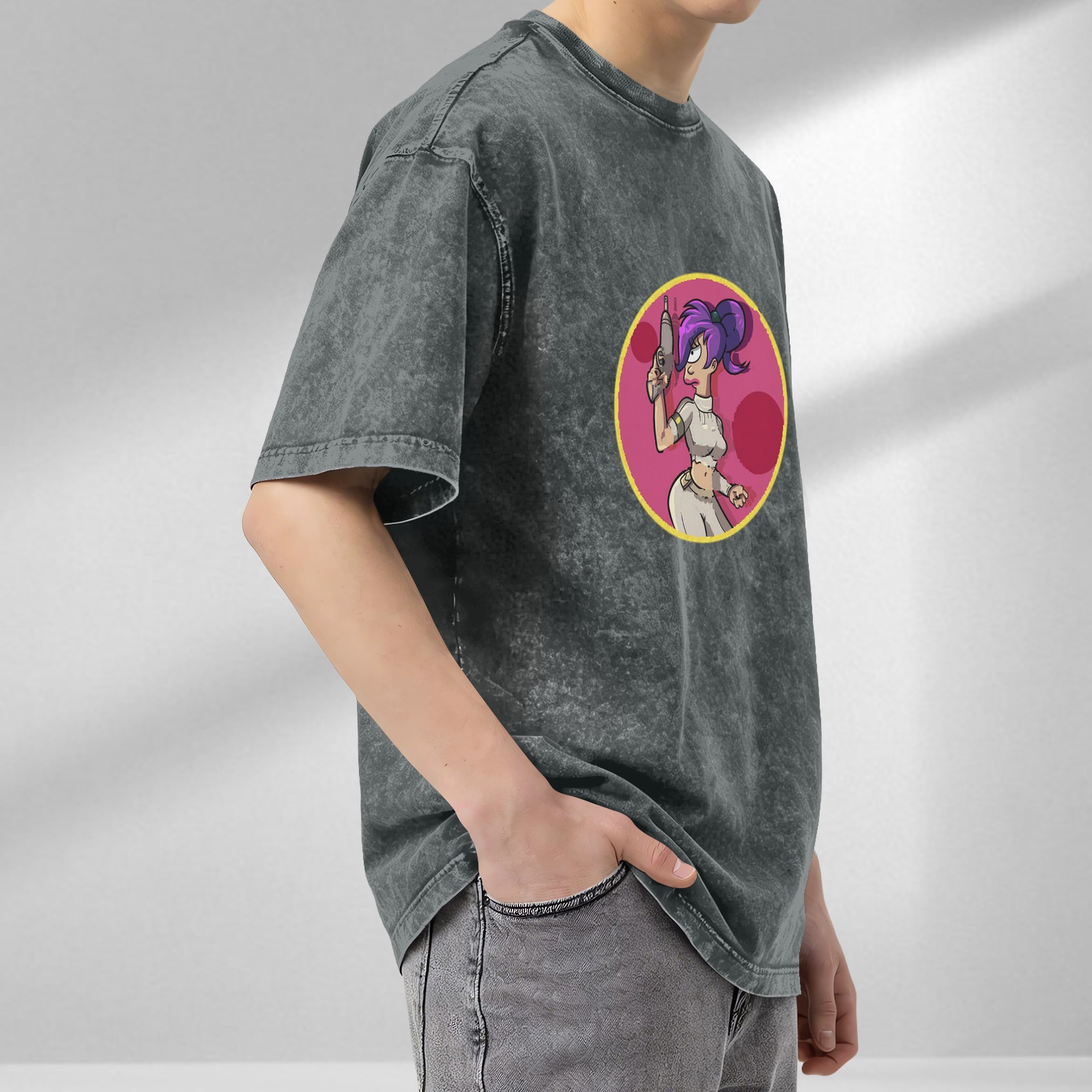Washed black graphic tee with futuristic space character print
