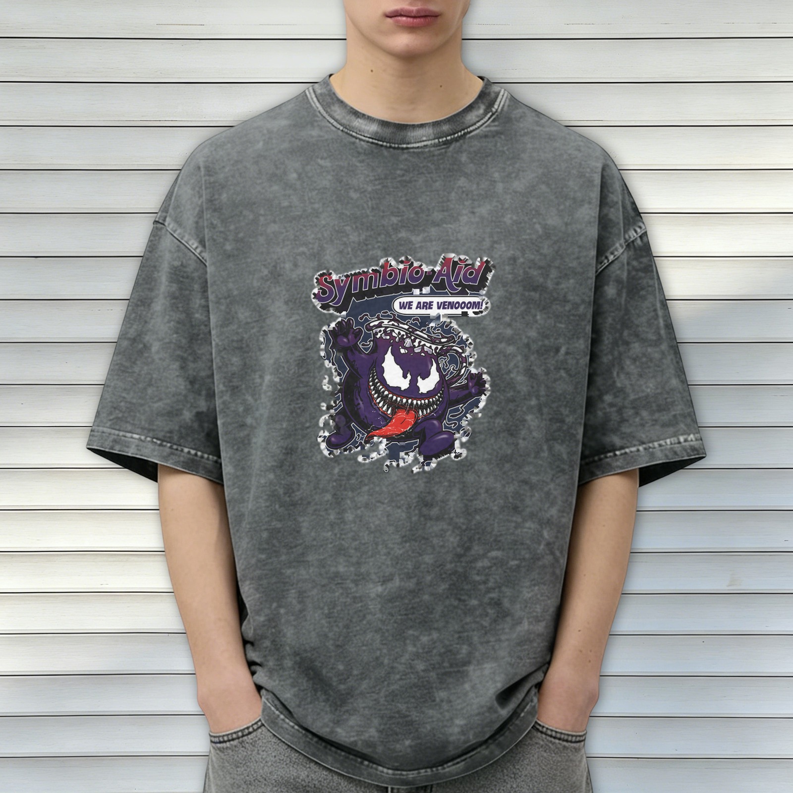 Washed Black Graphic T-Shirt with Symbiote 'Symbio-Aid' Design