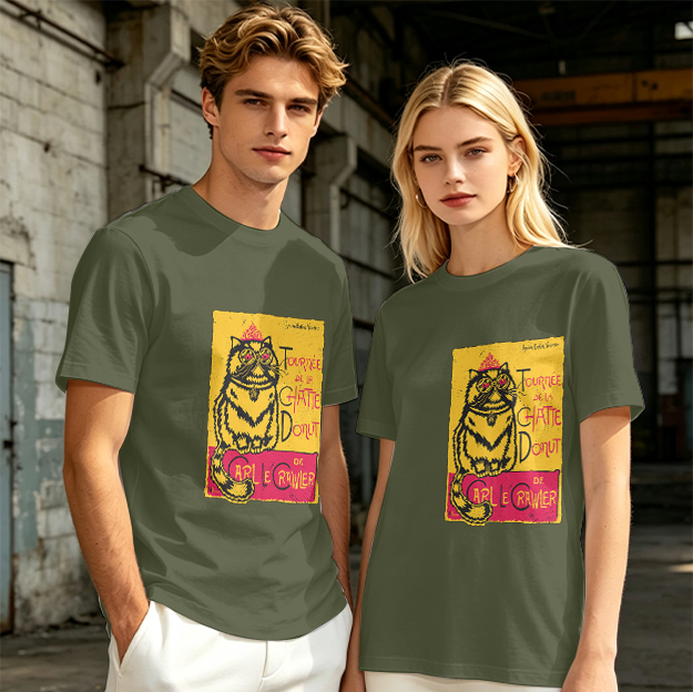 Olive T-shirt with a whimsical cat graphic print