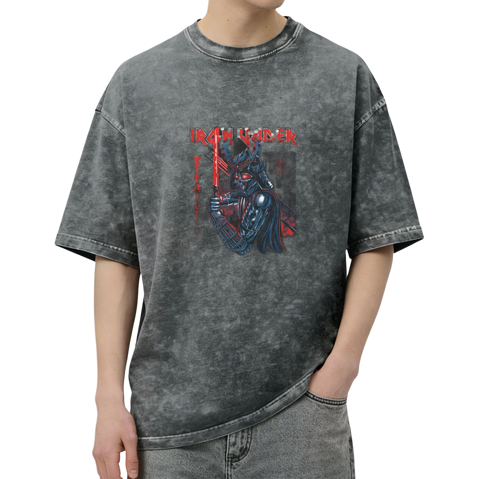Oversized Acid Wash T-Shirt with Samurai Darth Vader Iron Vader Graphic