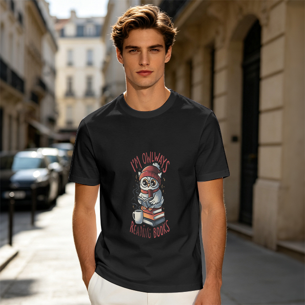 Owl reading books graphic olive green casual t-shirt