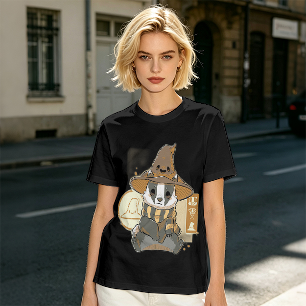 Olive T-Shirt With Cute Wizard Badger Graphic Print