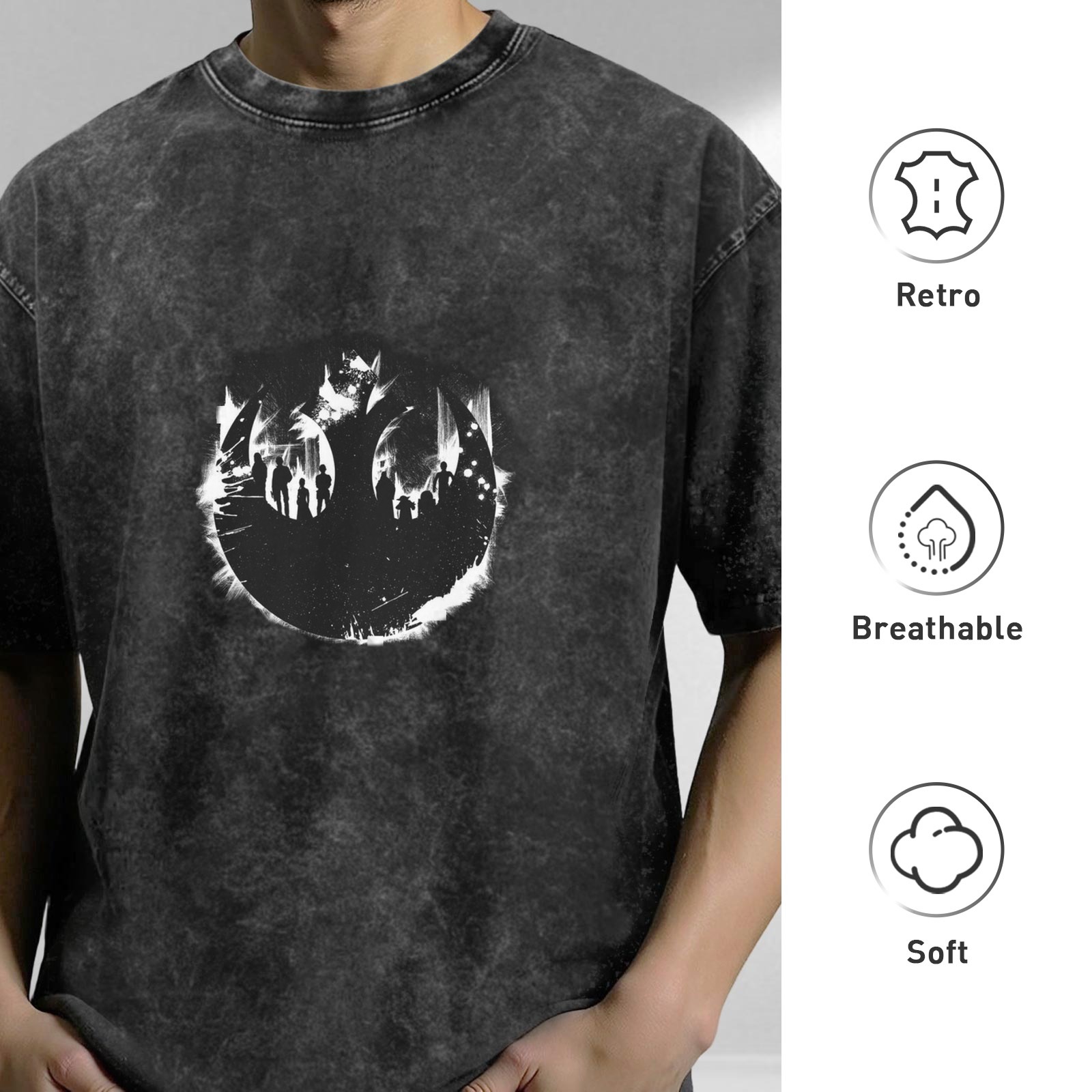 Distressed black round neck short-sleeved T-shirt Star Wars themed printed loose top