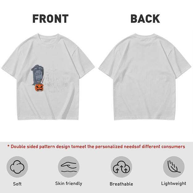 Olive Halloween Graphic T-Shirt with Tombstone and Jack-o'-Lantern