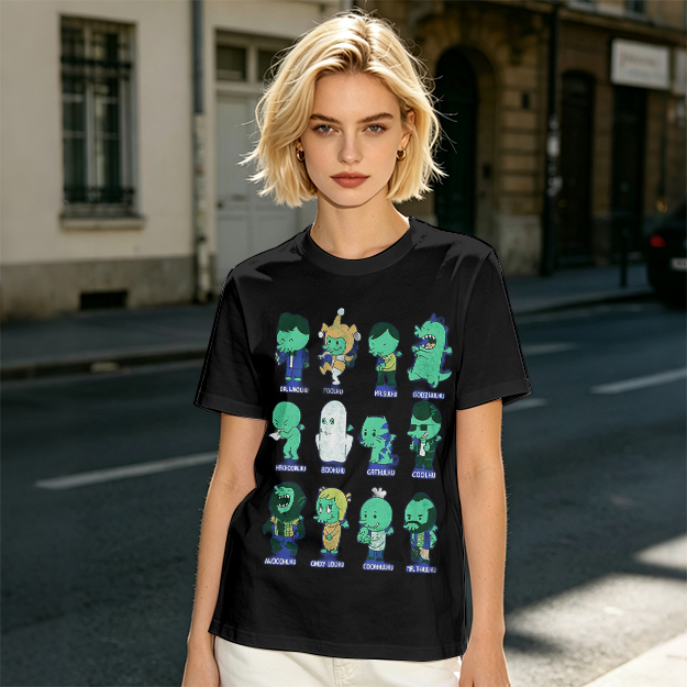 Olive Green T-Shirt With Cute Green Alien Character Print
