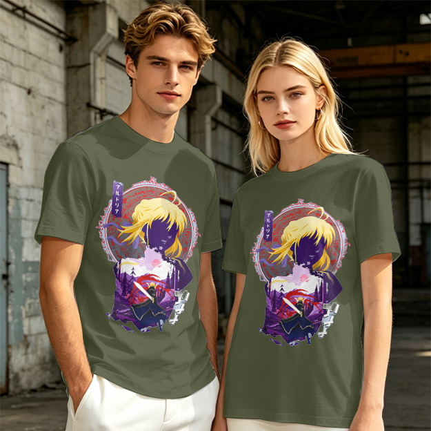 Olive green anime graphic t-shirt with Saber character print