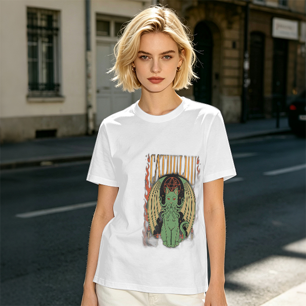 Olive T-shirt with Cthulhu Cat Graphic Print