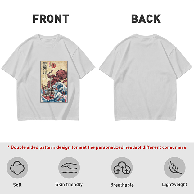 Olive T-shirt with Japanese octopus and wave woodblock print